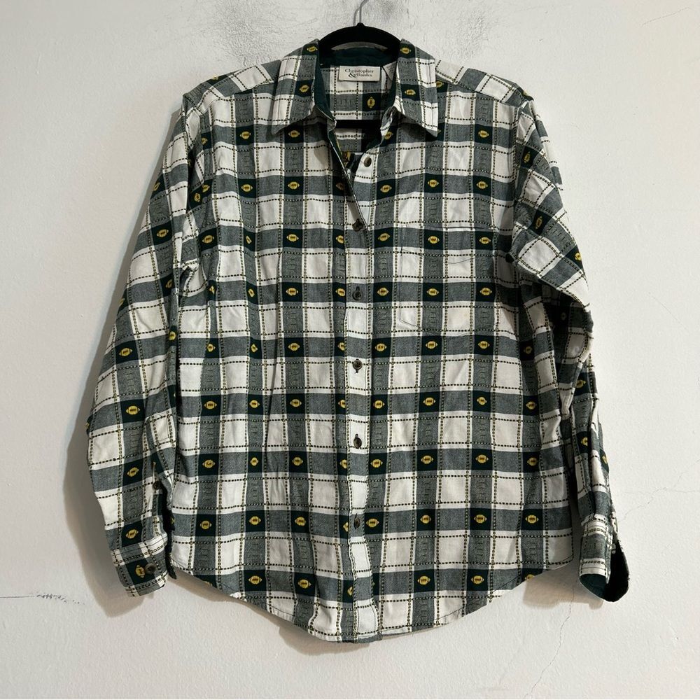 Vintage Green Bay Packers Green Yellow Football Checkered Button Down Shirt